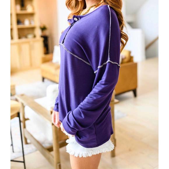 NEW HAPTICS happiest in spring long sleeve henley top in violet - Picture 4 of 5